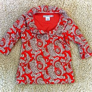Gretchen Scott cute coral paisley stretch ruffle collar dress blouse casual top